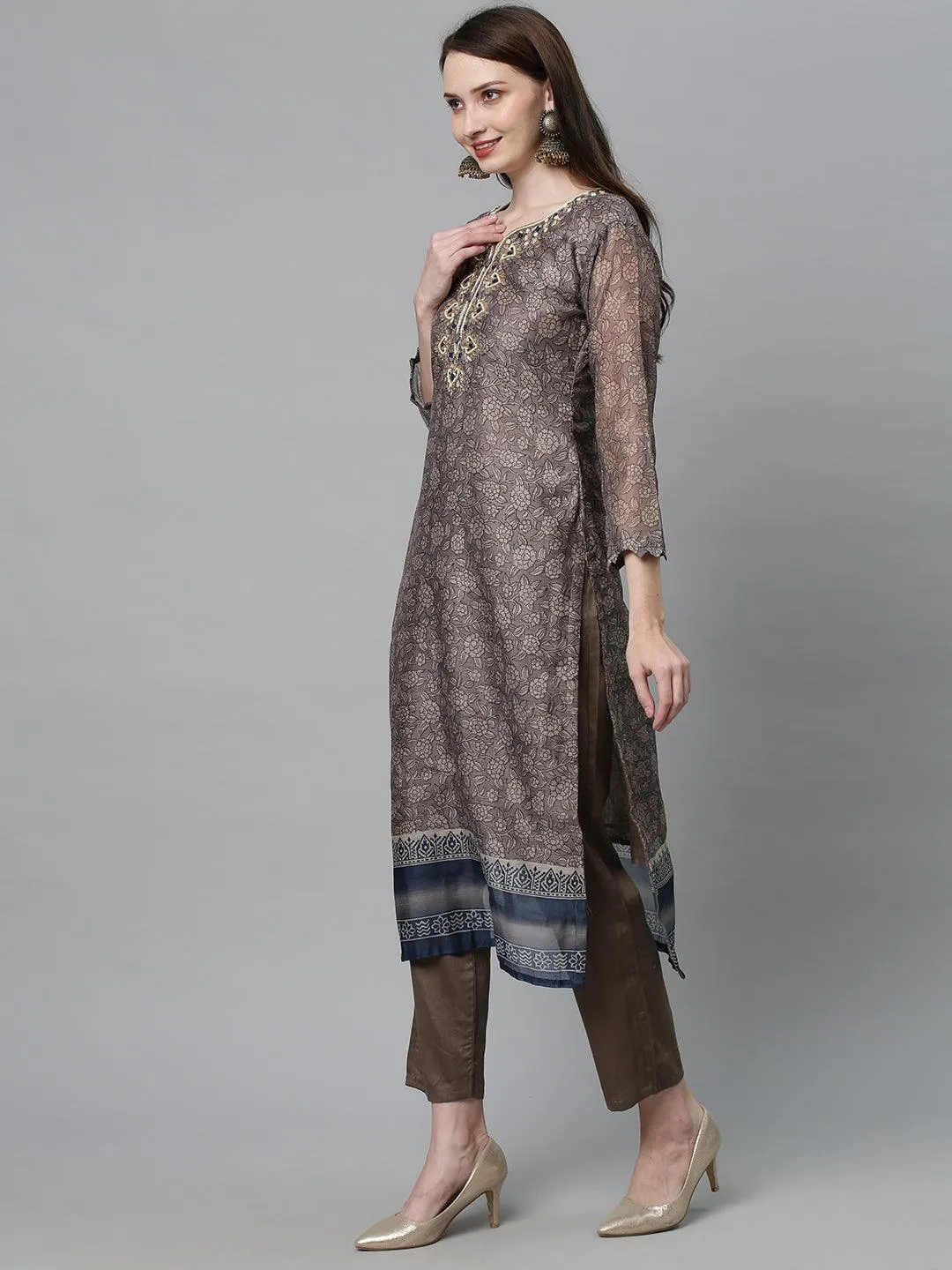 Ethnic Printed & Hand Embroidered Kurta with Pants & Dupatta - Mouse Gray
