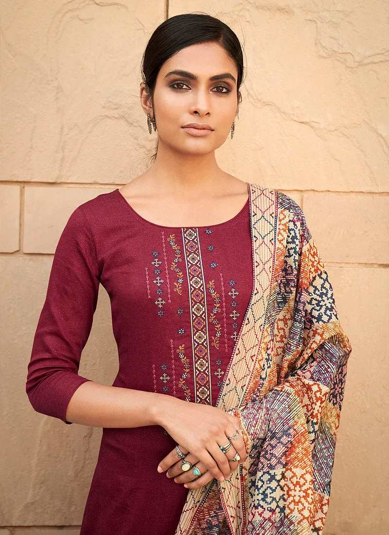 Maroon Embroidered Cotton Palazzo Suit